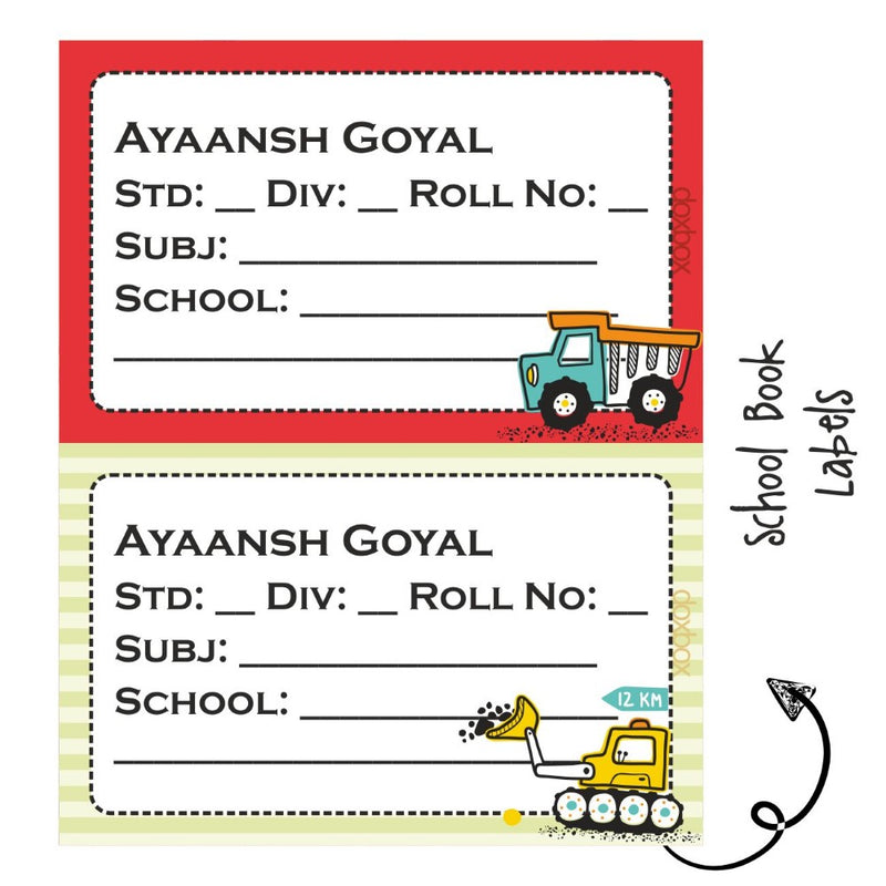 School Book Labels-Cute Construction Vehicles