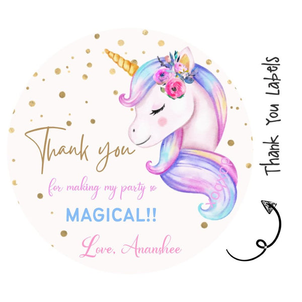 Round thank you label - Unicorn