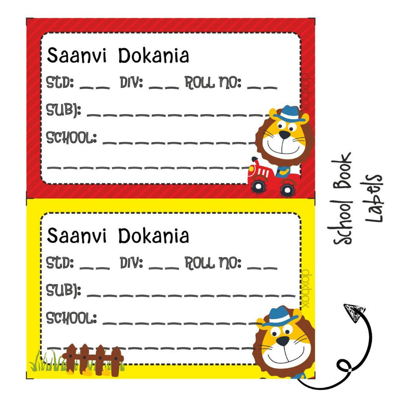 School Book Labels - Lion on a tracktor