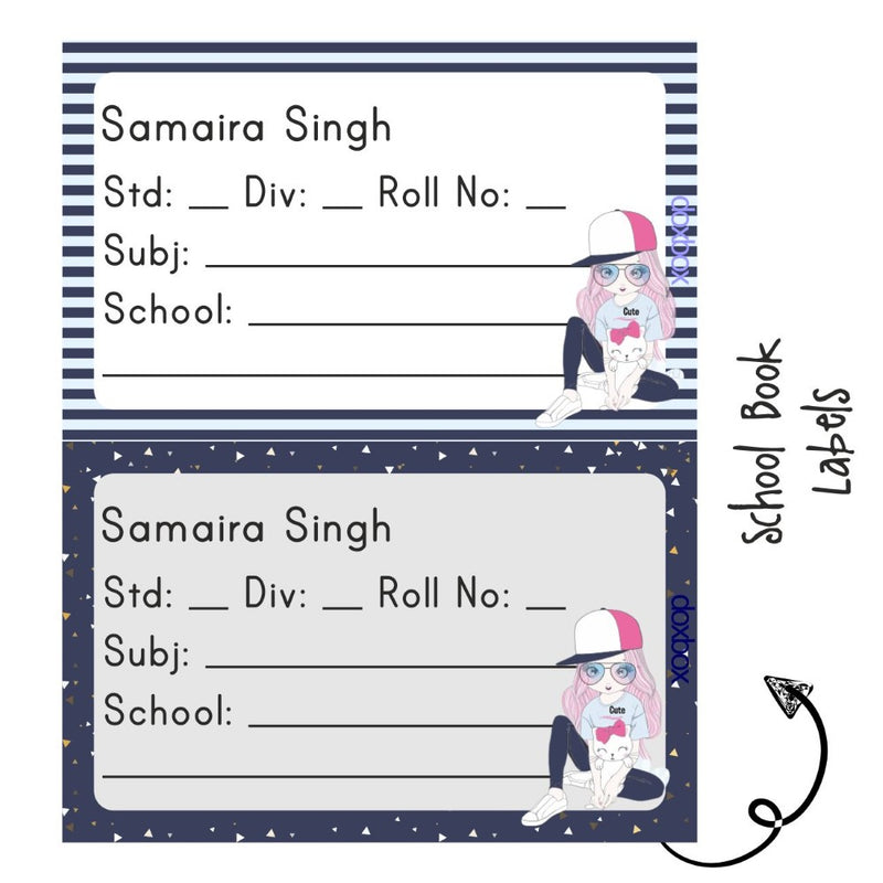 School Book Label - Girl with cat