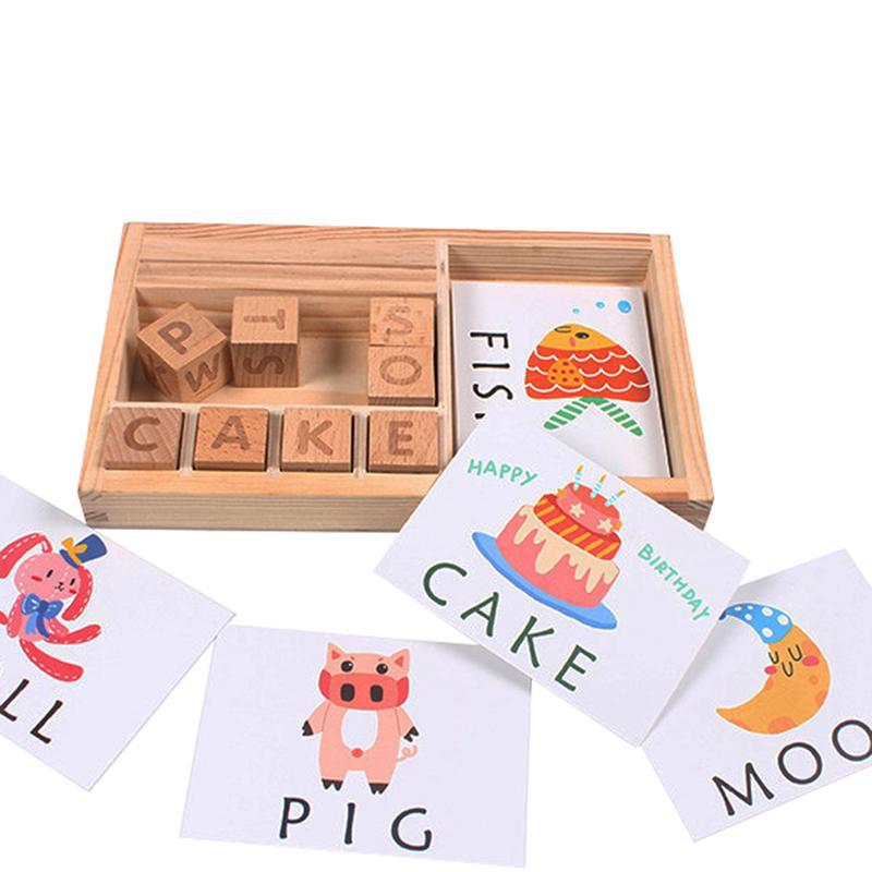 Wooden spelling game with flashcards